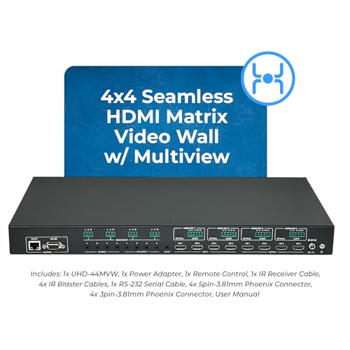 OREI 4K 4x4 HDMI Matrix Video Wall Controller Processor Multiviewer Display Upto 4K 60hz 2x1, 1x2, 1x3, 1x4 Supports 180 Degree Rotate RS-232 Audio Extraction (UHD-44MVW) - style: 4x4 Multiview/Video Wall