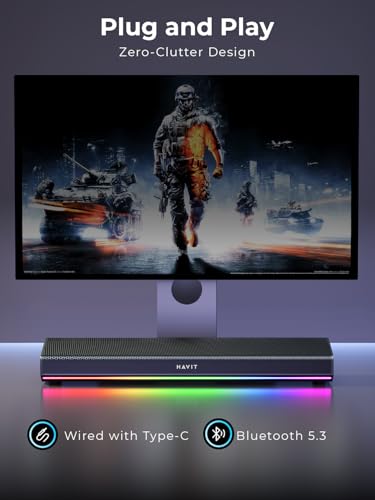 havit Computer Speakers for Desktop PC, Bluetooth 5.3 Pc Soundbar with Dynamic LED Light, HiFi Stereo, Poratble Bluetooth Speaker, Gaming Speakers for PC, Laptop,Tablet