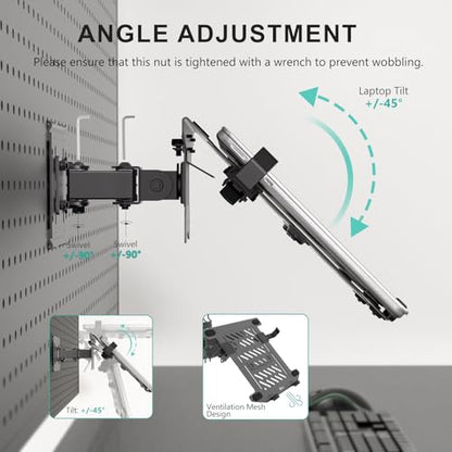 WALI Articulating Pegboard Adjustable Mount for Laptop and Monitor 2 in 1 with Vented Tray, Fits 1" Hole Spacing & Up to 1/4" Hole Diameter, Supports Laptop or Monitor Under 8.8lbs, PM00LP, Black - size: 1 inch hole