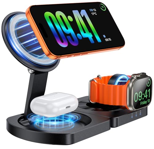 Wireless Charger for iPhone, 3-in-1 Magnetic Charging Station for Apple, MagSafe Charger Stand for iPhone 17 Air 16 15 14 13 12 Series, Airpods Pro, Apple Watch Ultra, Foldable, No Adapter, Black | Compatible with iPhone 17 Air 16 15 14 13 12 Series, AirP
