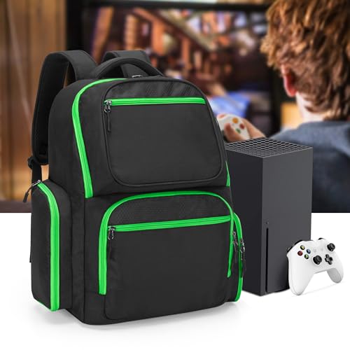 Trunab Backpack Compatible with Xbox Series X/S, Carry Case with Divider | Game Storage Bag Fits 15.6" Laptop, Controller & Cables, Padded Pockets for Gaming Accessories - color: Green Zip