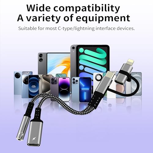 3.5mm to USB C Adapter(2in2) for iPhone 17 16 15 14 13 Lightning to Aux Audio Headphone Jack Cable Splitter Dongle Charger Cord Car Charging for Ipad Dual Lighting DAC Compatible for Samsung