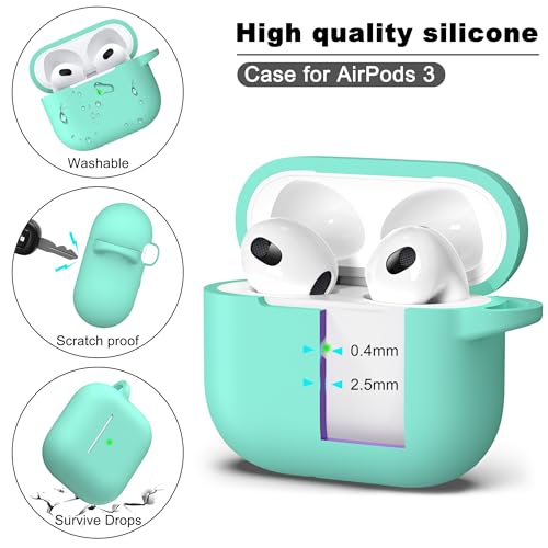 for AirPods 3 Case Silicone Cover, Mint Green | Compatible with Apple AirPods 3rd Generation (2021) with Keychain & Cleaner Kit, Wireless Charging Compatible - color: I3-Mint Green