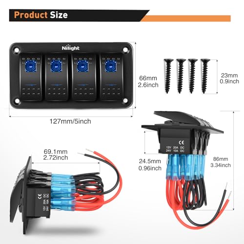 Nilight - 90109D 4 Gang Aluminum Rocker Switch Panel Toggle Dash 5 Pin ON/Off Pre-Wired Rocker Switch Blue Backlit Switch for Automotive Car Marine Boat RV,2 Years Warranty - color: Blue, size: 4 Gang