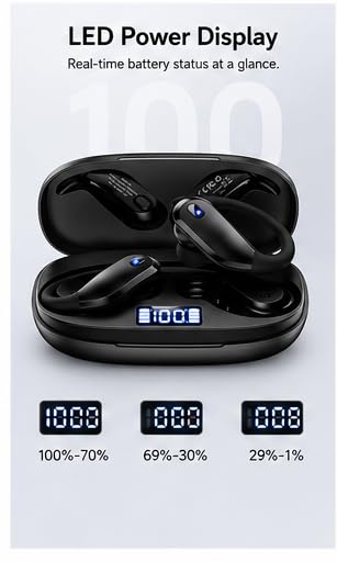 Wireless Earbuds Bluetooth Headphones with Earhooks, IPX7 Waterproof, Hi-Fi Stereo, 48H Playtime, LED Power Display Charging Case, for Running, Workout, Gym