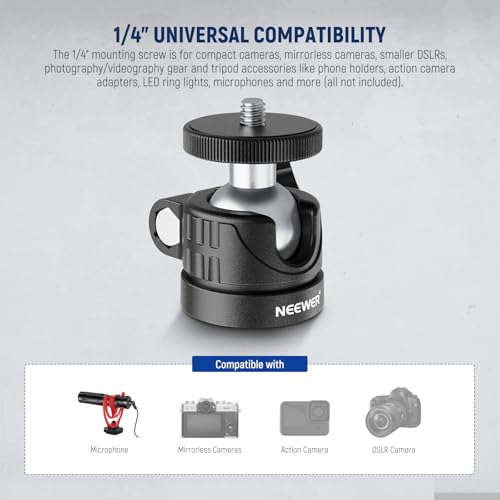 NEEWER Basics Mini Ball Head, Portable Tripod Head Camera Mount Adapter | 1/4" Screw, for Compact DSLR, Action Cam, Phone, LED Ring Light Monopod, Slider, 4.4lb Max Load, 360° Swivel, 90° Tilt, GM01 - style: GM01