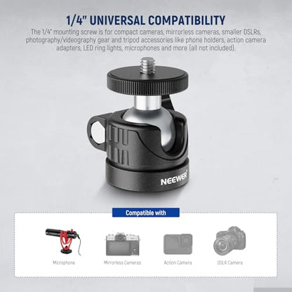 NEEWER Basics Mini Ball Head, Portable Tripod Head Camera Mount Adapter | 1/4" Screw, for Compact DSLR, Action Cam, Phone, LED Ring Light Monopod, Slider, 4.4lb Max Load, 360° Swivel, 90° Tilt, GM01 - style: GM01