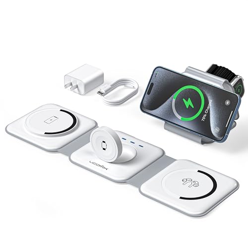 3 in 1 Charging Station for Multple Devices,Foldable 3 in 1 Wireless Charger for Travel,NANO Wireless Charging Station for iPhone17 16 15 14 13 12 Pro Max/Watch 10 9 8 7 6 5 4 3 Ultra/AirPod Pro - color: White