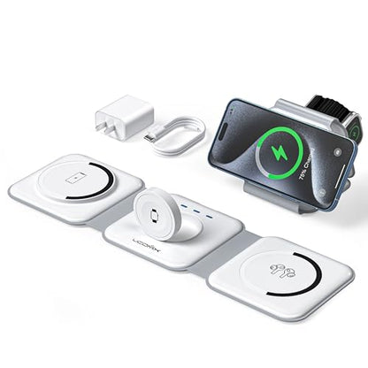 3 in 1 Charging Station for Multple Devices,Foldable 3 in 1 Wireless Charger for Travel,NANO Wireless Charging Station for iPhone17 16 15 14 13 12 Pro Max/Watch 10 9 8 7 6 5 4 3 Ultra/AirPod Pro - color: White