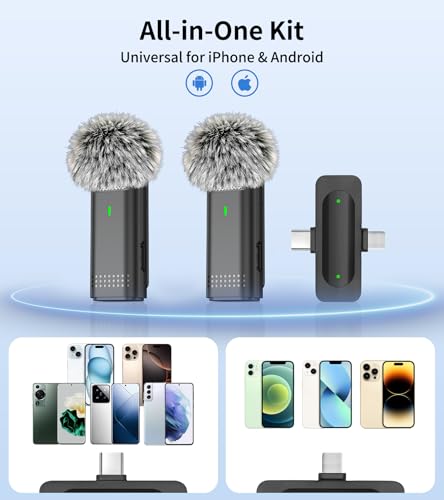 NPTCL Wireless Lavalier Microphone for iPhone and Android, 2-Pack Mini Lapel Mic, Noise Cancelling, 6-Hour Battery Per Mic for Vlog, Live Streaming, Podcast Recording, Content Creation