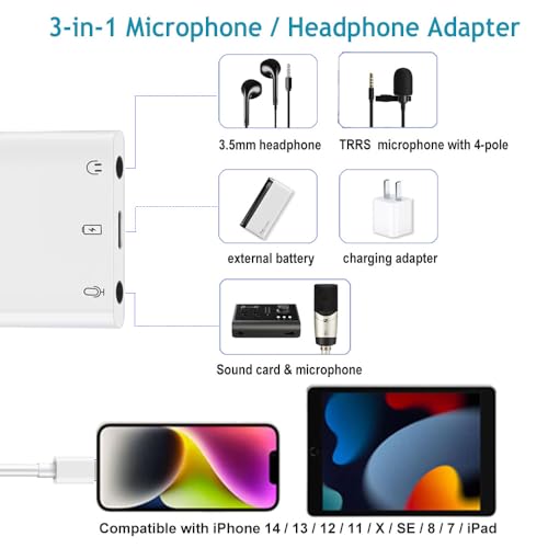 iPhone Microphone Adapter for Live-Streaming, Microphone & 3.5mm Headphone Adapter for iPhone/iPad, Audio & MIC Splitter with Charging Port Compatible for iPhone 14 13 12 11 X