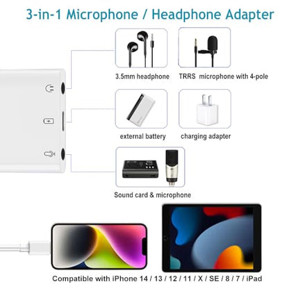iPhone Microphone Adapter for Live-Streaming, Microphone & 3.5mm Headphone Adapter for iPhone/iPad, Audio & MIC Splitter with Charging Port Compatible for iPhone 14 13 12 11 X