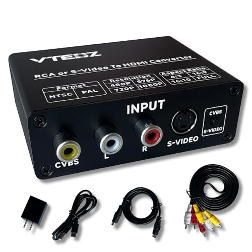 RCA/S-Video to HDMI Converter, Composite AV/Svideo to HDMI Adapter | 4:3/16:9/16:10/Full-Screen Modes, 480P/576P/720P/1080P Output, VCR/VHS/DVD/PS1/PS2/N64/Wii/GameCube/NES Classic Compatible