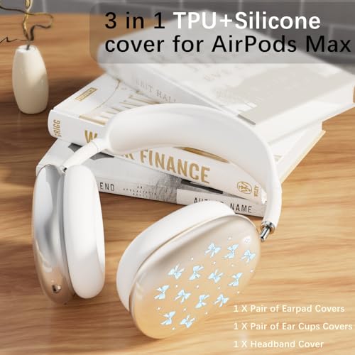 Silicone Case Cover for AirPods Max Headphones, Clear Blue Bows Soft TPU Ear Cups Cover/Ear Pad Case Cover/Headband Cover for AirPods Max (2024/2020) - color: Blue Bow_B/Clear
