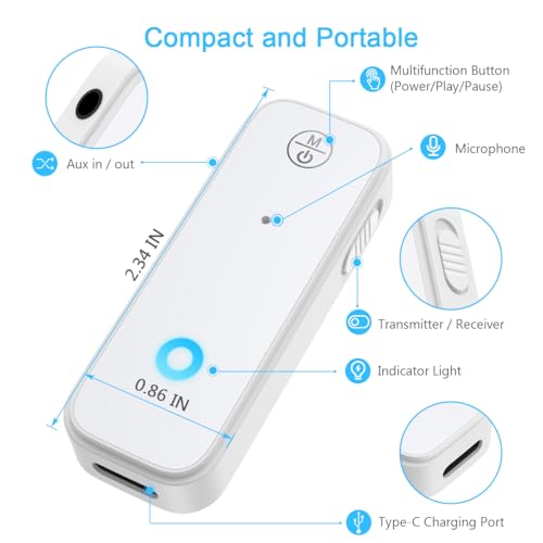 Bluetooth Aux Adapter for Car, 2 in 1 Bluetooth Transmitter Receiver for Hands-Free Call, Noise Cancelling 3.5mm AUX Wireless 5.3 Receiver for Car Home Audio System Headphones White - color: White