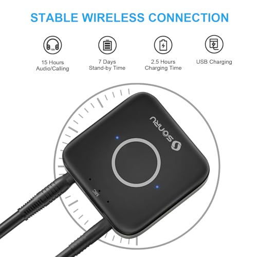Bluetooth 5.3 Receiver, Bluetooth Audio Adapter for Speakers/Home Stereo, Low Latency, Noise Cancellation, 15-Hour Battery Life with AUX 3.5mm/RCA, Wireless Bluetooth Adapter for Old Receiver