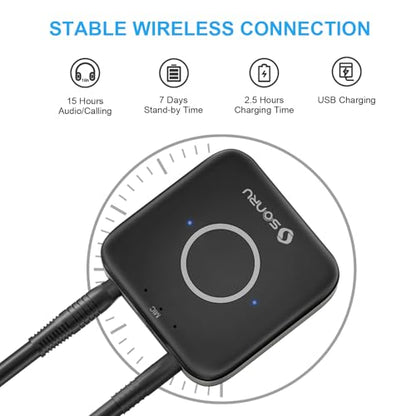 Bluetooth 5.3 Receiver, Bluetooth Audio Adapter for Speakers/Home Stereo, Low Latency, Noise Cancellation, 15-Hour Battery Life with AUX 3.5mm/RCA, Wireless Bluetooth Adapter for Old Receiver