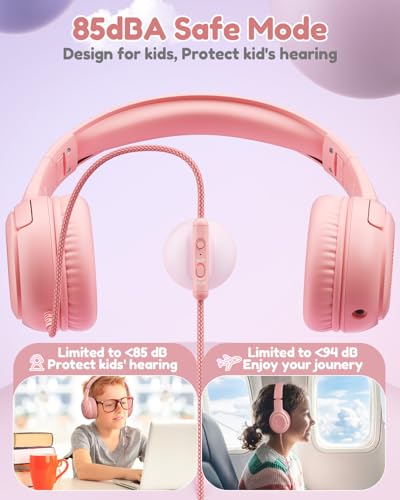 Kids Headphones with Microphone Foldable Stereo Tangle-Free 3.5mm Jack Wired Cord On-Ear Headset for Children/Teens/Boys/Girls/Smartphones/School/Kindle/Airplane Travel/Plane/Tablet (Pink) | 3.5mm Jack, HD Mic, Portable Wired Headphone with Shareport, Ste