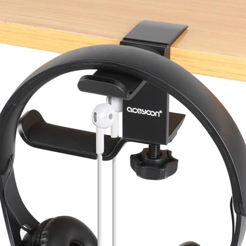 aceyoon Under Desk Headphone Hanger, 360 Degree Swivel Dual Stand, Aluminum Alloy Headset Stand for Desk,Headphone Hook for Gaming Headset,Bag, Black