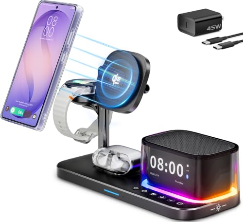 Qi2.2 25W 6-in-1 Magnetic Charging Station for Samsung, Alarm Clock | Night Light,Bluetooth Speaker,Fast Wireless Charger Stand for Z Fold 8 Ultra/Fold8 Wide/S26 Ultra (Not for Watch 9/Ultra2)