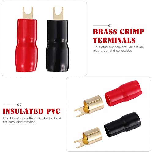 2 Pairs Copper Gold Plated 0 Gauge Spade Terminal Crimp Connectors Adapters Crimp Barrier Spades for Speaker Wire Cable Terminal Plug - 0GA (Red and Black)