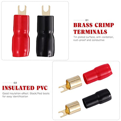 2 Pairs Copper Gold Plated 0 Gauge Spade Terminal Crimp Connectors Adapters Crimp Barrier Spades for Speaker Wire Cable Terminal Plug - 0GA (Red and Black)