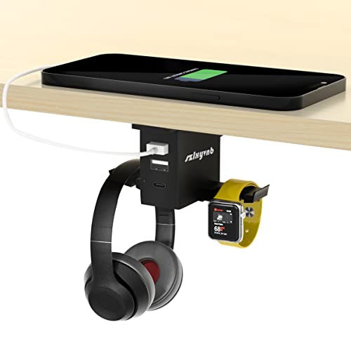 Headset Holder with USB Port Under Desk Headphone Stand Gaming Desk Accessories, Dual Earphone Hangers Hook (USB Type-C + A Included, Black, Steel & Aluminum, Tabletop Mount)