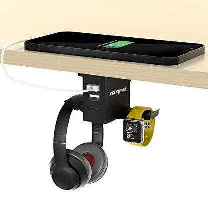 Headset Holder with USB Port Under Desk Headphone Stand Gaming Desk Accessories, Dual Earphone Hangers Hook (USB Type-C + A Included, Black, Steel & Aluminum, Tabletop Mount)