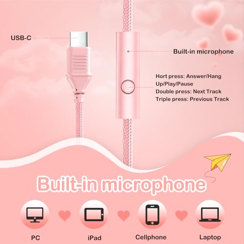 Kids Headphones Wired with HD Mic, USB C Headphones, Over Ear Headphones | LED Lights, 94dB Volume Limit, Stereo Sound Portable Foldable Lightweight for School/iPad/Tablet/Airplane Travel/Toddler - color: Pink