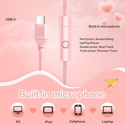 Kids Headphones Wired with HD Mic, USB C Headphones, Over Ear Headphones | LED Lights, 94dB Volume Limit, Stereo Sound Portable Foldable Lightweight for School/iPad/Tablet/Airplane Travel/Toddler - color: Pink