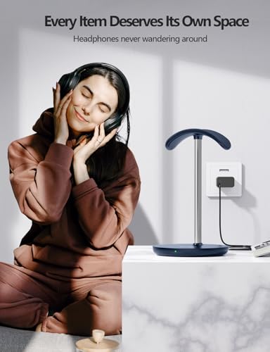 Miroddi Headphone Stand with Wireless Charger, Independent USB Charging Port, 5 in 1 Charging Station Headset Holder Rack for iWatch, iPhone, Samsung and Desk All Headphones, Dark Blue - color: Dark Blue