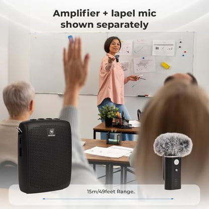 WinBridge Wireless Voice Amplifier with Bluetooth Lapel Mic for Teachers | Speaker with Clear Voice & Windproof Foam, 12–15H Battery, Lightweight Clip-on, Compact Design,Independent Mute Control WB006