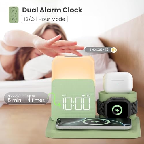 7 in 1 Charging Station for iPhone, Wireless Charging Station, Alarm Clock, Night Light, Wireless Charger for iPhone 17 16 15 14 13 12 Pro Max & Apple Watch - Charging Stand Dock for AirPods(Green) - color: Green