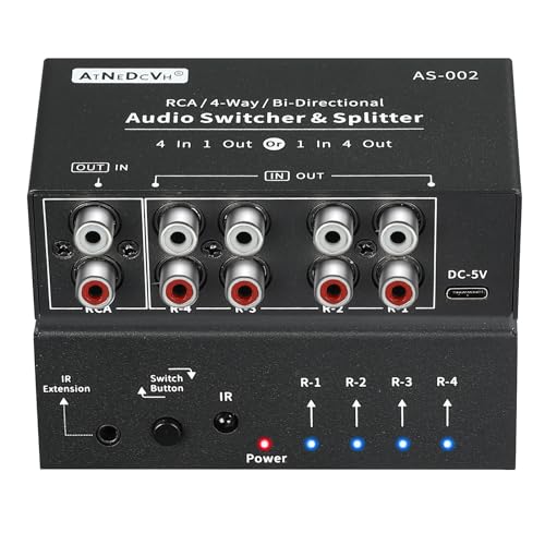 RCA 4-Way Bi-Directional Audio Switcher Splitter, 1 in 4 Out / 4 in 1 Out Stereo L/R Sound Channel Audio Switch Selector Splitter Box with Remote Control for Speakers Headphones Amps (Black)