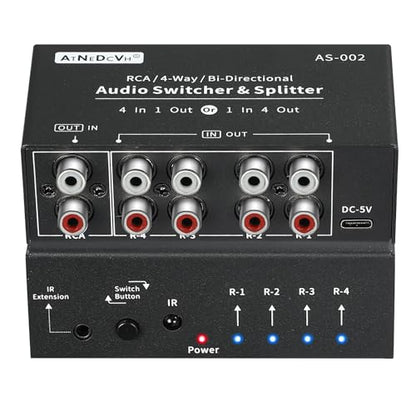 RCA 4-Way Bi-Directional Audio Switcher Splitter, 1 in 4 Out / 4 in 1 Out Stereo L/R Sound Channel Audio Switch Selector Splitter Box with Remote Control for Speakers Headphones Amps (Black)
