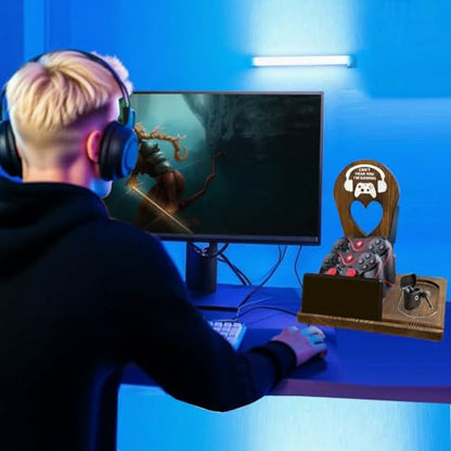 Wooden Headset Stand with Controller Holder - Multi-Functional Gaming Organizer for Desk, Detachable Design w/Phone Slot - Perfect Gamer Gift for Men, Dad, Graduation