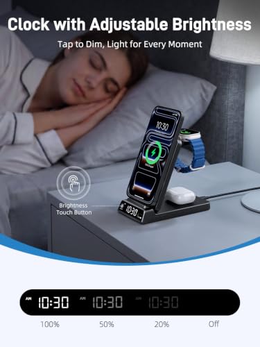3 in 1 Charging Station for Apple, Travel Wireless Charger with Clock | ELECDOV Magnetic Charger for iPhone, Foldable Watch Charger Stand for iPhone 17/Air/16/15 Series, iWatch 10/AirPods 4 - color: Carbon Fiber