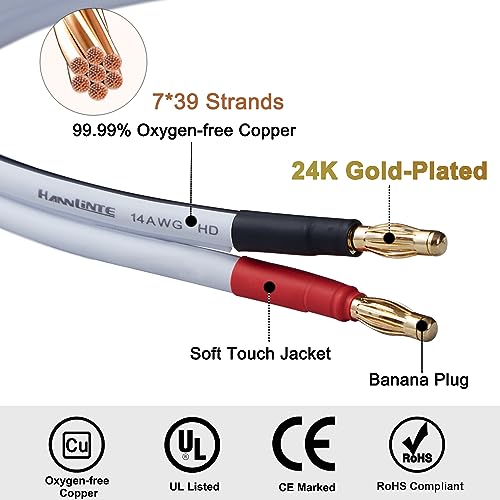 14 AWG HD Premium Soft Touch HiFi Speaker Cable with Banana Plugs (2 Pack, 3 Feet) 14 Gauge Banana Wire for Bi-Wire Bi-Amp HiFi Surround Sound Oxygen-Free Copper - White