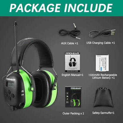PROHEAR 033 Upgraded 5.4 Bluetooth Hearing Protection AM FM Radio Headphones, Noise Reduction Safety Earmuffs with Rechargeable 1500mAH Battery, 31dB SNR Ear Protector for Mowing Lawn,Gifts for Father - color: Green