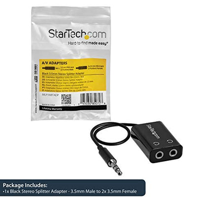 StarTech.com Black Slim Mini Jack Headphone Splitter Cable Adapter - 3.5mm Audio Mini Stereo Y Splitter - 3.5mm Male to 2x 3.5mm Female (MUY1MFFADP) - size: Adapter, style: Black