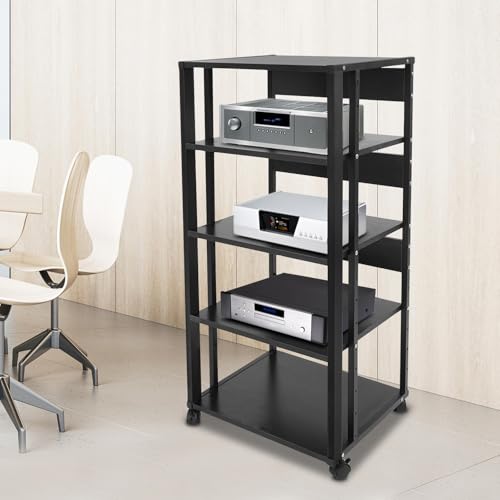 5-Tier Adjustable AV Media Stand with Wheels, Heavy Duty Audio-Video Media Rack, Amplifier, DVD Player Equipment Shelf, Home Theater Storage