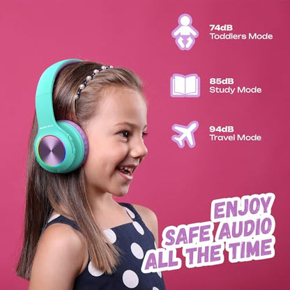 PowerLocus PLED Kids Bluetooth Headphones, Kids Wireless Headphones with LED Lights, 74/85/94dB Safe Volume, Micro SD, AUX Cable, Hi-Fi Stereo, Built-in Mic Over Ear Kid Headphone for Travel/Tablet/PC - color: Teal/Purple