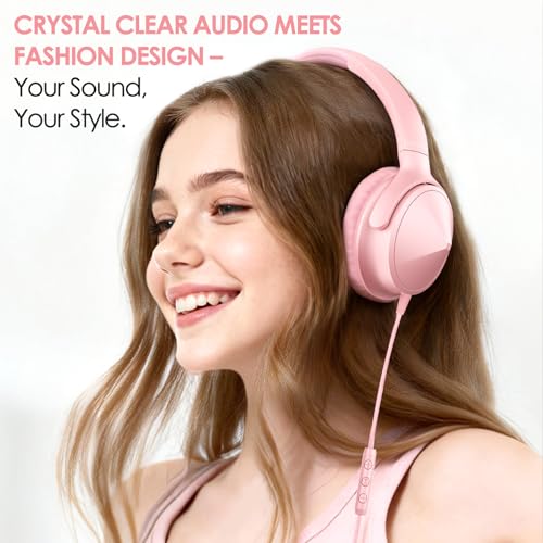 USB C Over Ear Headphones Wired with Mic Volume Control, Pink - color: Coral Pink