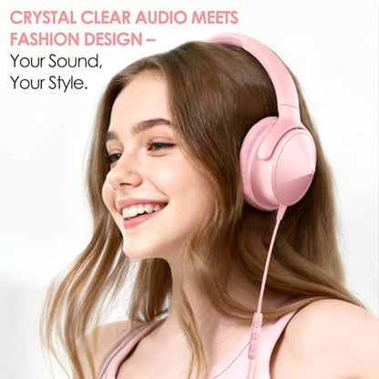 USB C Over Ear Headphones Wired with Mic Volume Control, Pink - color: Coral Pink