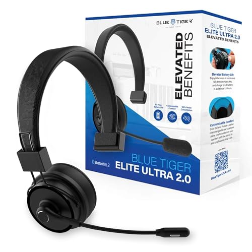 Blue Tiger Elite Ultra 2.0 Wireless Bluetooth Headset – One-Ear Piece Trucker Professional Headset - Bluetooth 5.2 with Microphone – 60 Hours Talk Time, 1200 Hours Standby
