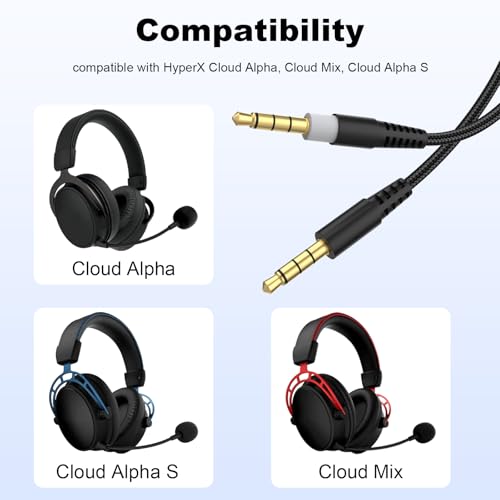 Cloud Alpha Cable Replacement Audio Cord Wire with Inline Mute and Volume Control Compatible with Kingston HyperX Cloud Alpha/Alpha S, Cloud Mix, Logitech G933, G633 Gaming Headsets (Black) - color: Black