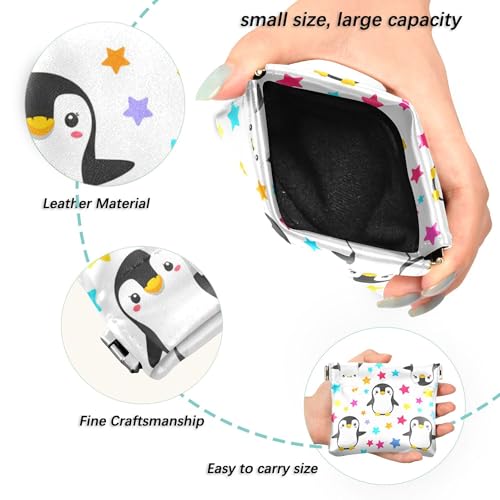 Leather Waterproof Portable No Zipper Purse, Coin Pocket Pouch Change Holder, Small Storage Bag for Men Women Headset Credit Card ID Key Lipstick, (Cute Penguins)