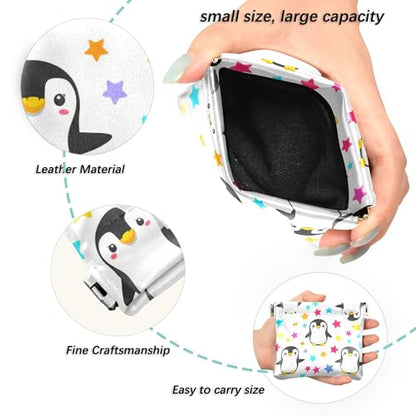 Leather Waterproof Portable No Zipper Purse, Coin Pocket Pouch Change Holder, Small Storage Bag for Men Women Headset Credit Card ID Key Lipstick, (Cute Penguins)