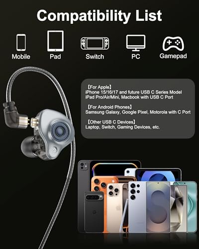 USB C Headphones Wired with Microphone for iPhone 17e 17 16e 16 Pro Max 15 Samsung S26 S25 Ultra Google Pixel Pods Noise Cancelling USBC Earphones, Over-Ear Earbuds for Apple Android Phone Ear Buds - color: Black