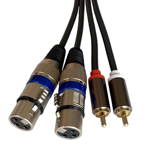 Dual XLR Female to Dual RCA Male HiFi Stereo Audio Cable 5ft | Dual female XLR to dual male RCA, splittable. Gold-plated connectors, alloy shells. Copper wire, PVC shield, noise-free. 5ft.